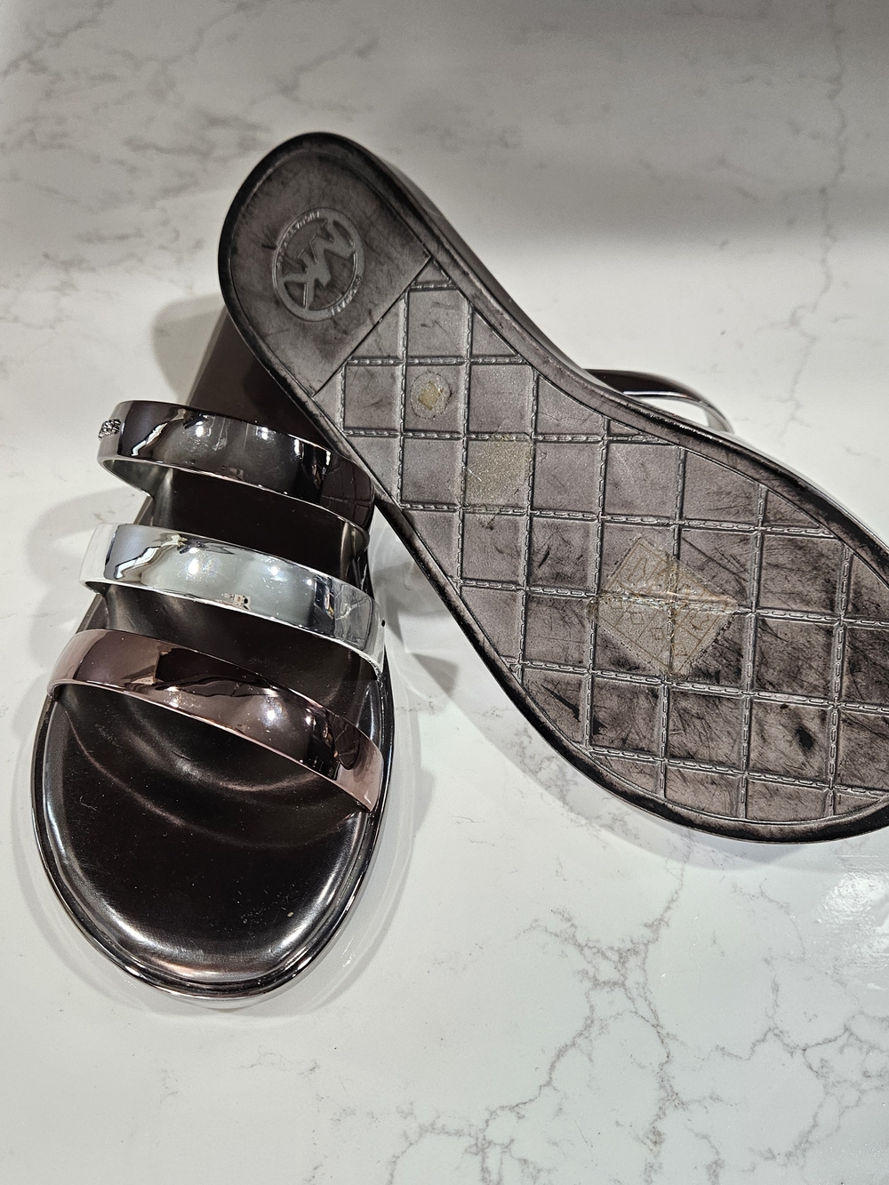 Michael Kors Women’s Metallic Triple-Strap Slide Sandals - Rose Gold/Silver - Picture 4 of 5